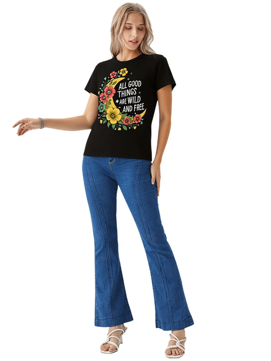 Women Typography Printed Round Neck Cotton T-shirt