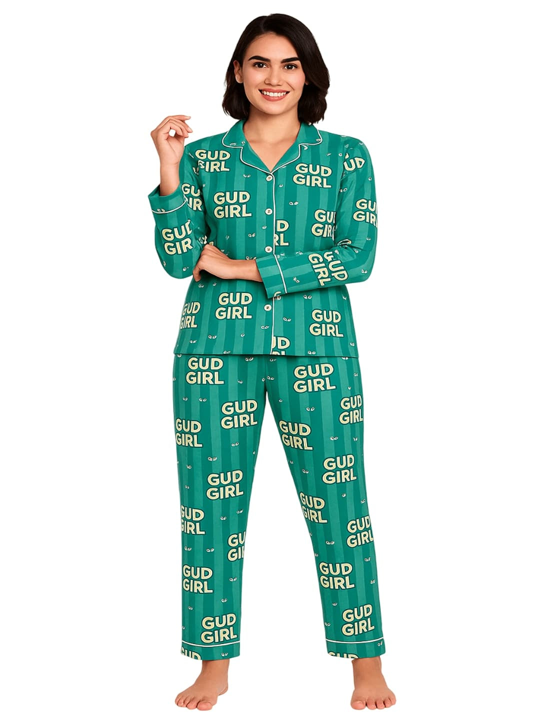 GAB Typography Printed Lapel Collar  Night suit