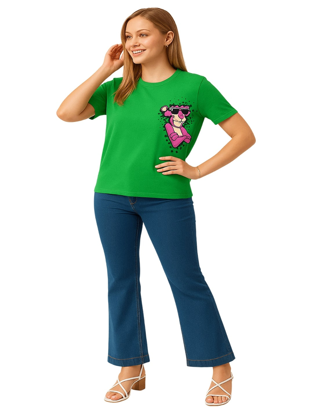 Women Pink Panther Graphic Printed Round Neck Pure Cotton T-shirt