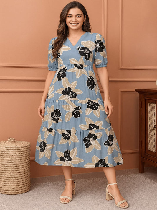Floral Women Floral Printed Tiered A-Line Midi Dress