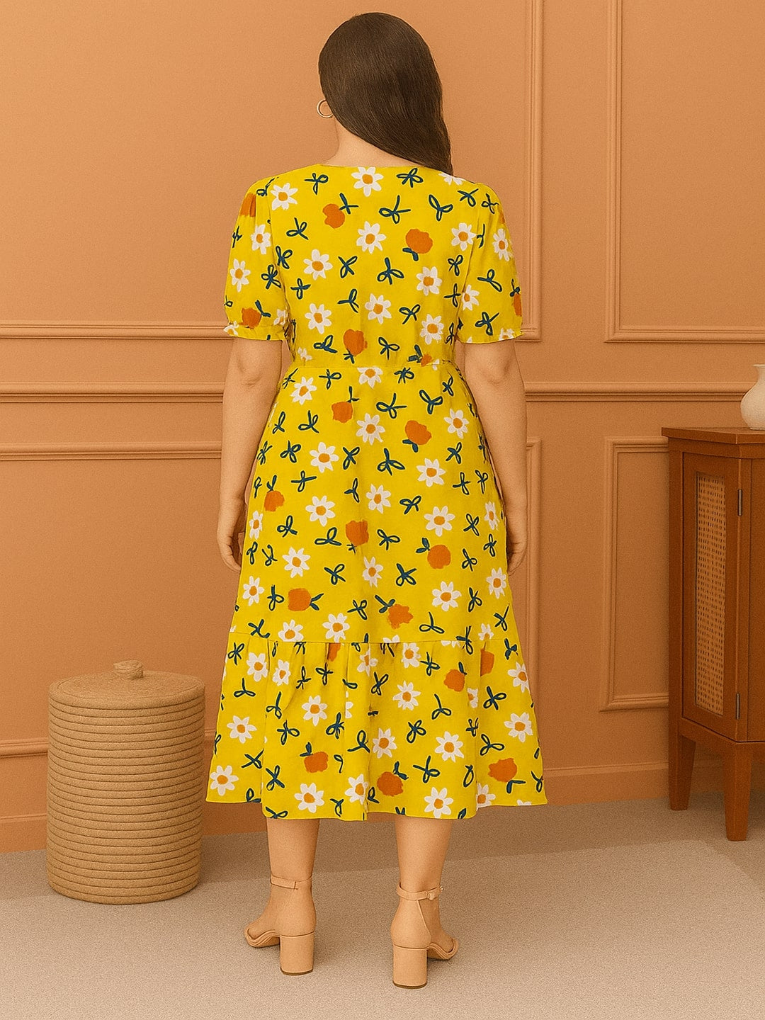 Floral Printed Puff Sleeves Fit & Flare Midi Dress