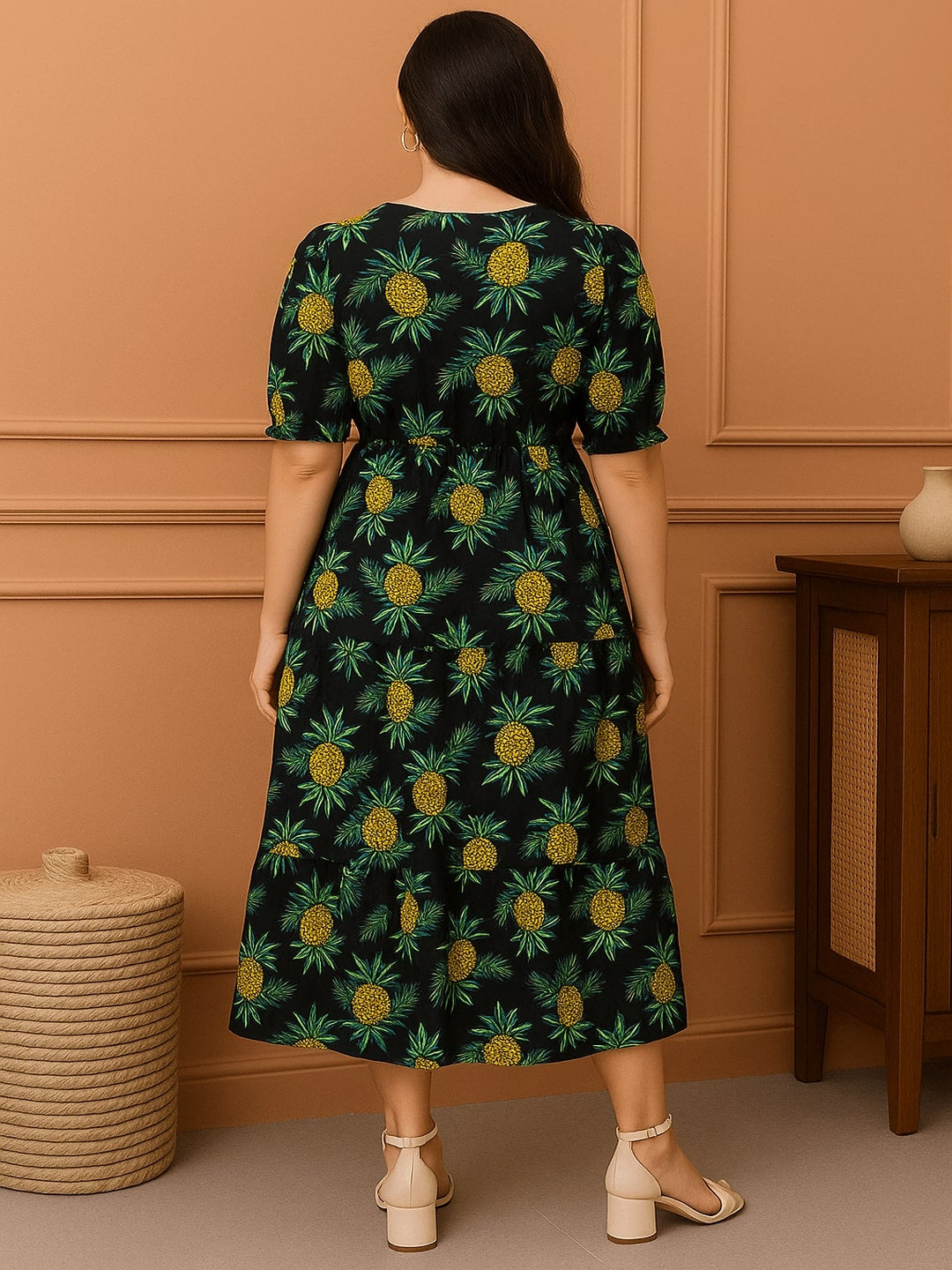Women Tropical Printed Gathered Cotton Fit & Flare Midi Dress