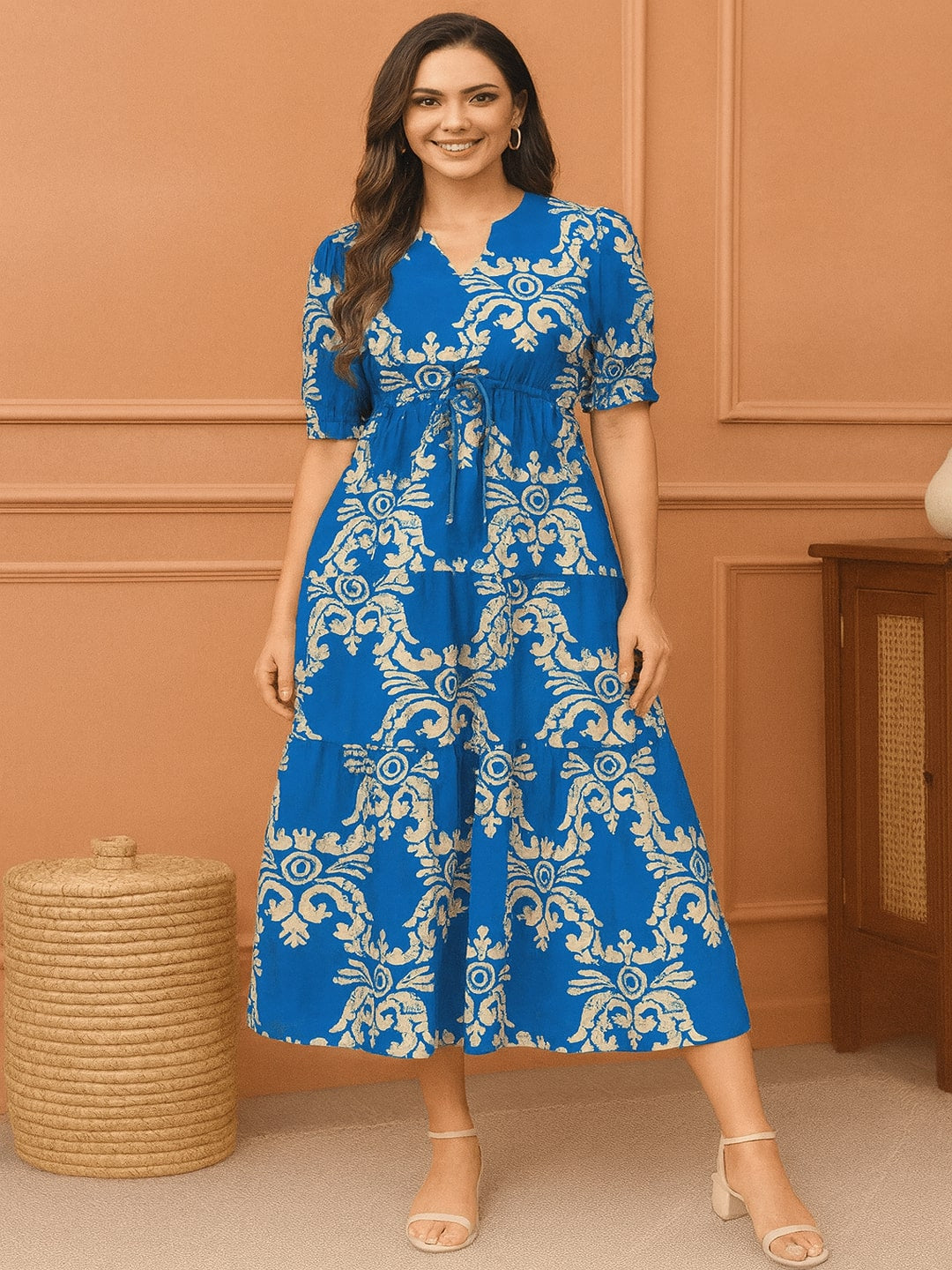 Women Floral Printed Puff Sleeve Cotton Fit & Flare Midi Dress