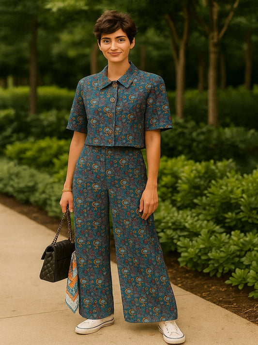 Geometric Printed Spread Collar Pure Cotton Shirt With Trousers