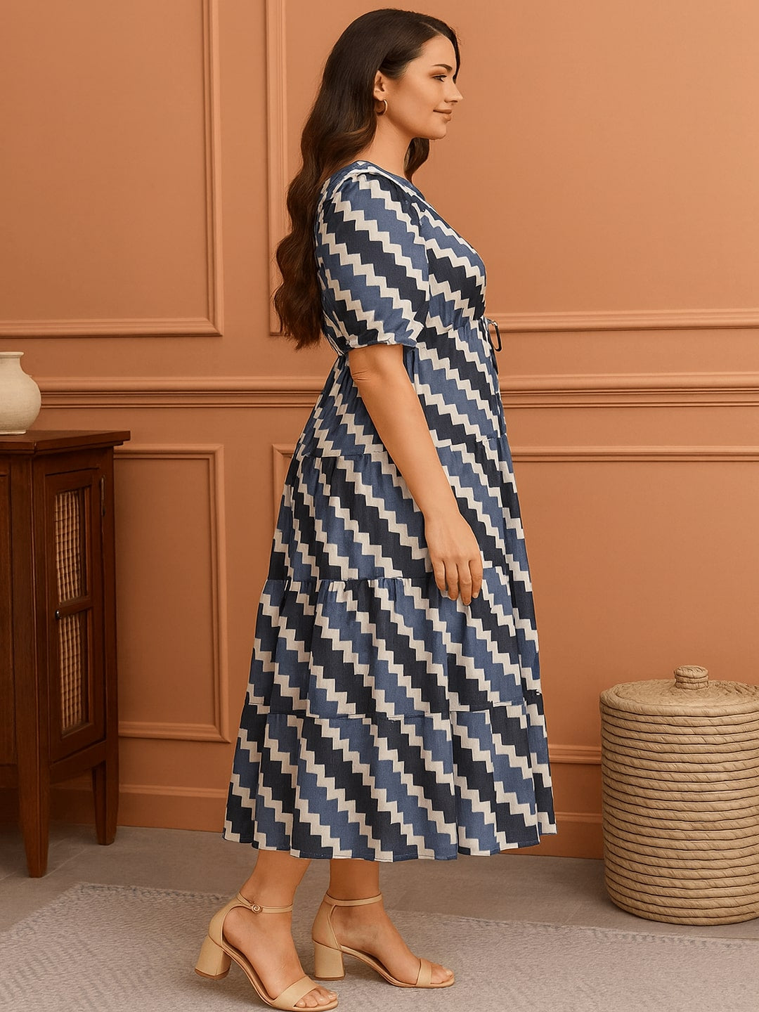 Women Geometric Printed Gathered Tiered Pure Cotton Fit & Flare Midi Dress