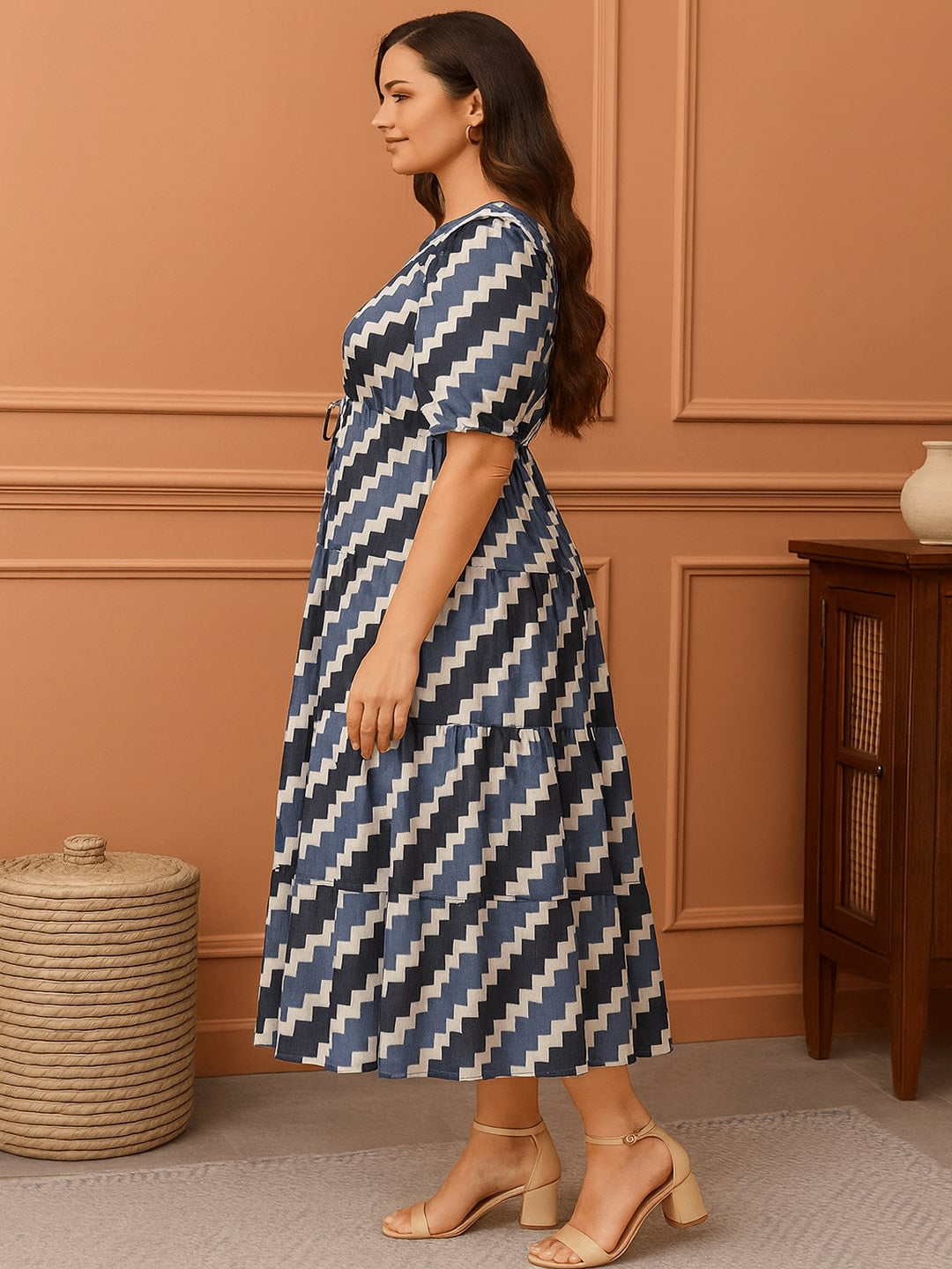Women Geometric Printed Gathered Tiered Pure Cotton Fit & Flare Midi Dress