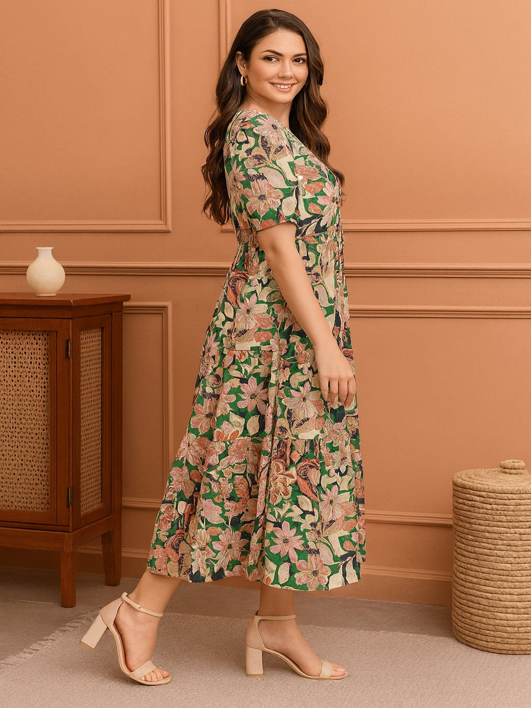 Women Floral Printed Pure Cotton A-Line Midi Dress