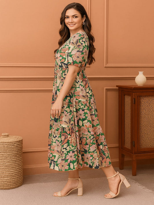 Women Floral Printed Pure Cotton A-Line Midi Dress