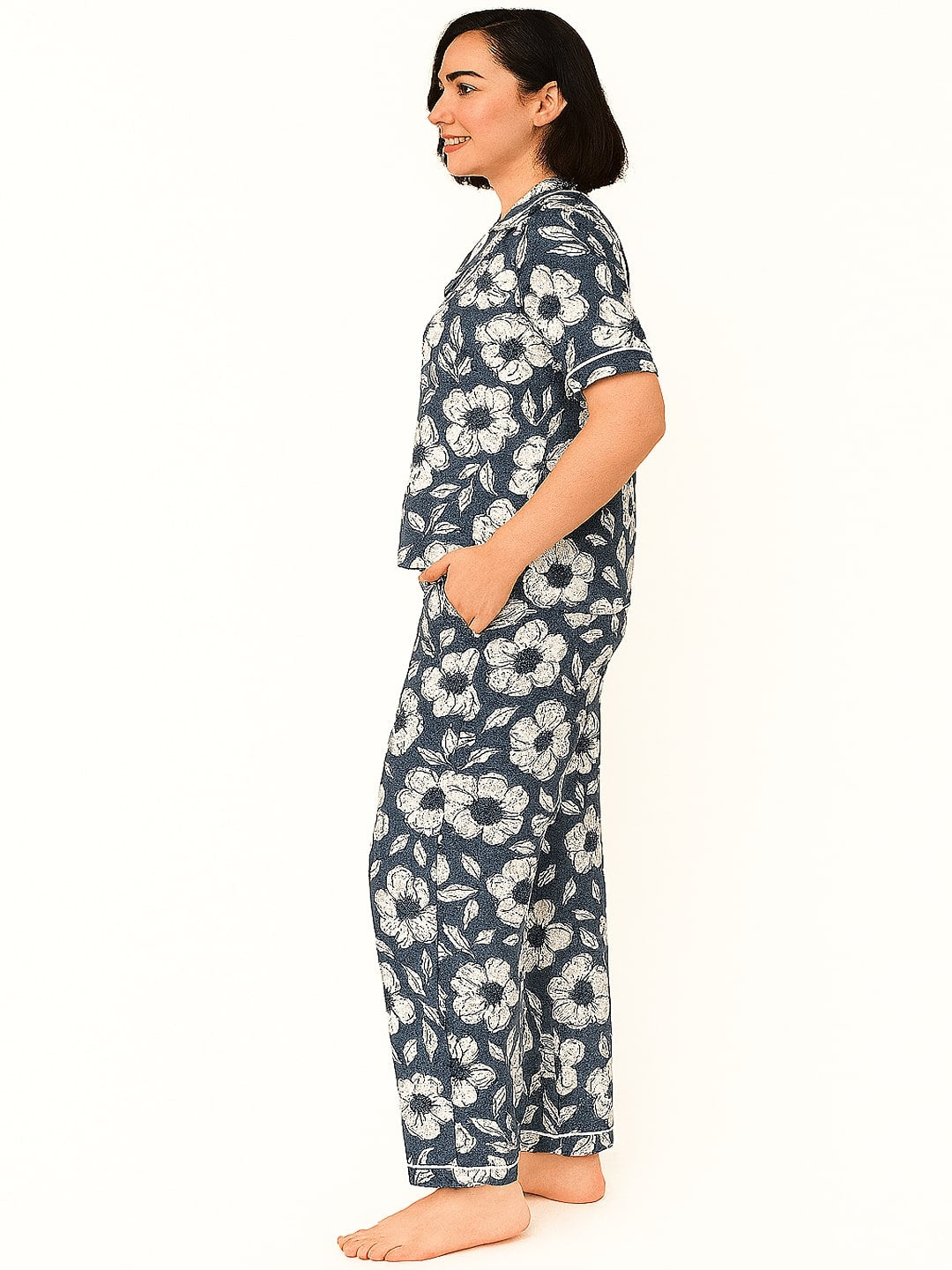 Women Pure Cotton Floral Printed Lapel Collar Night Suit