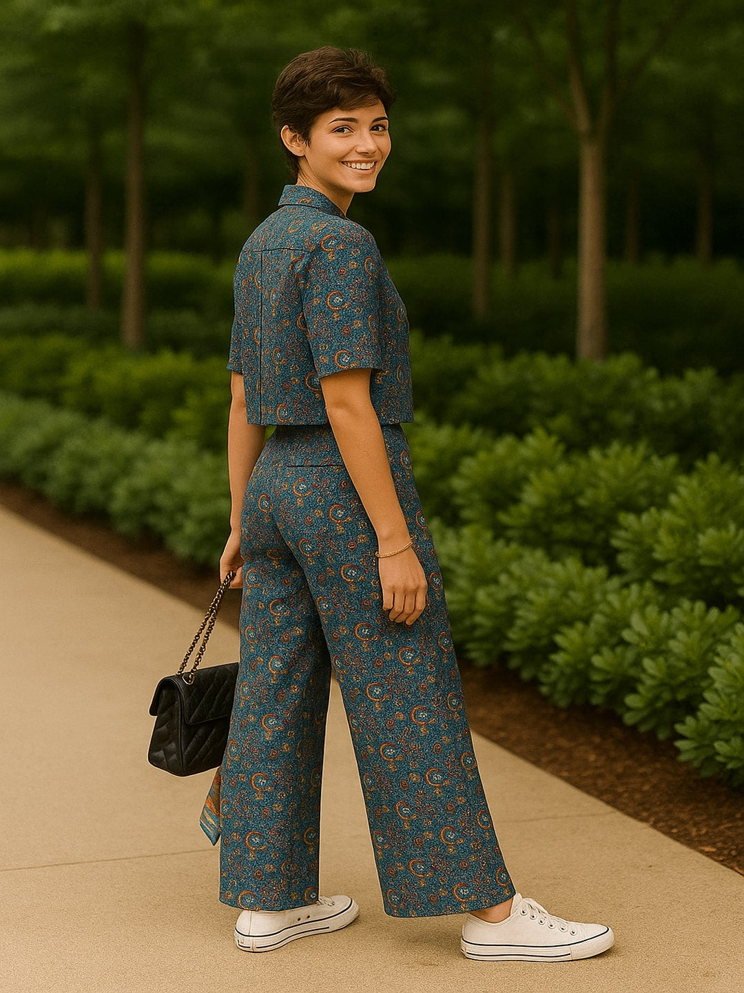 Geometric Printed Spread Collar Pure Cotton Shirt With Trousers