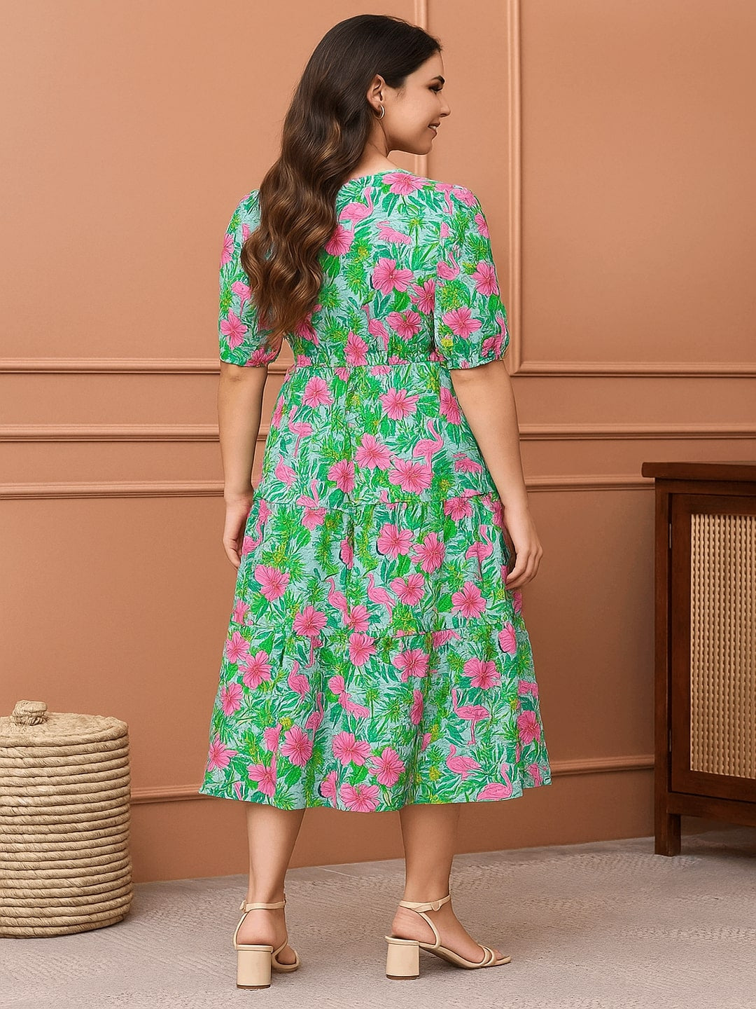 Floral Printed V-Neck Puff Sleeves Cotton Fit & Flare Midi Dress