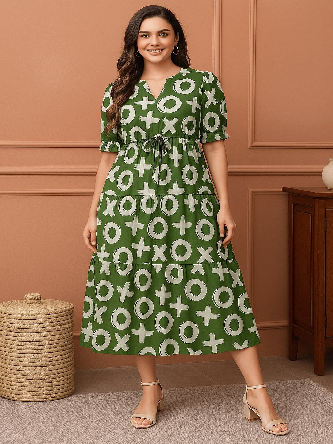 Women Pure Cotton Fit & Flare Tiered Midi Dress