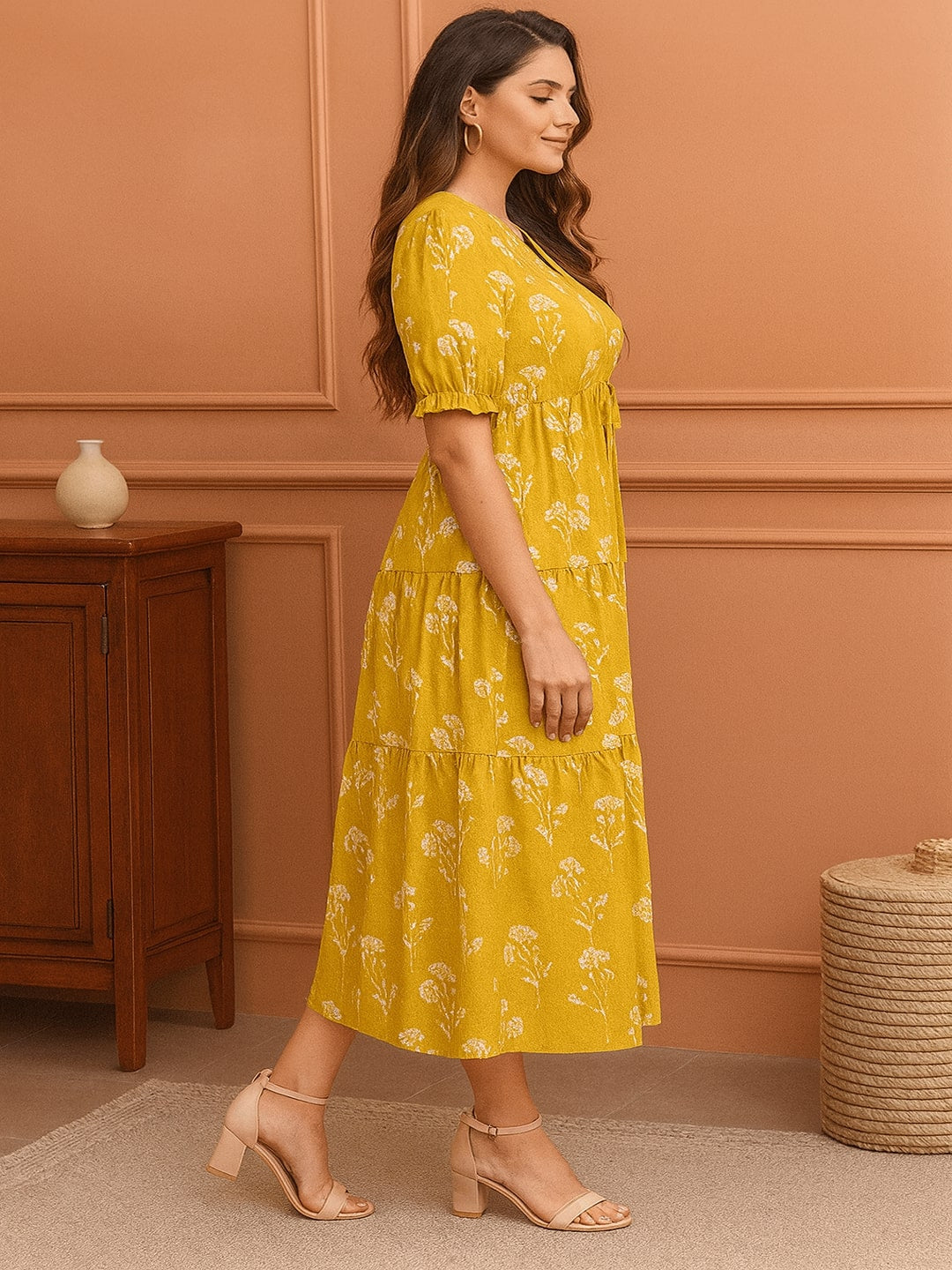 Women Floral Printed V-Neck Tiered Puff Sleeve Pure Cotton Fit & Flare Midi Dress