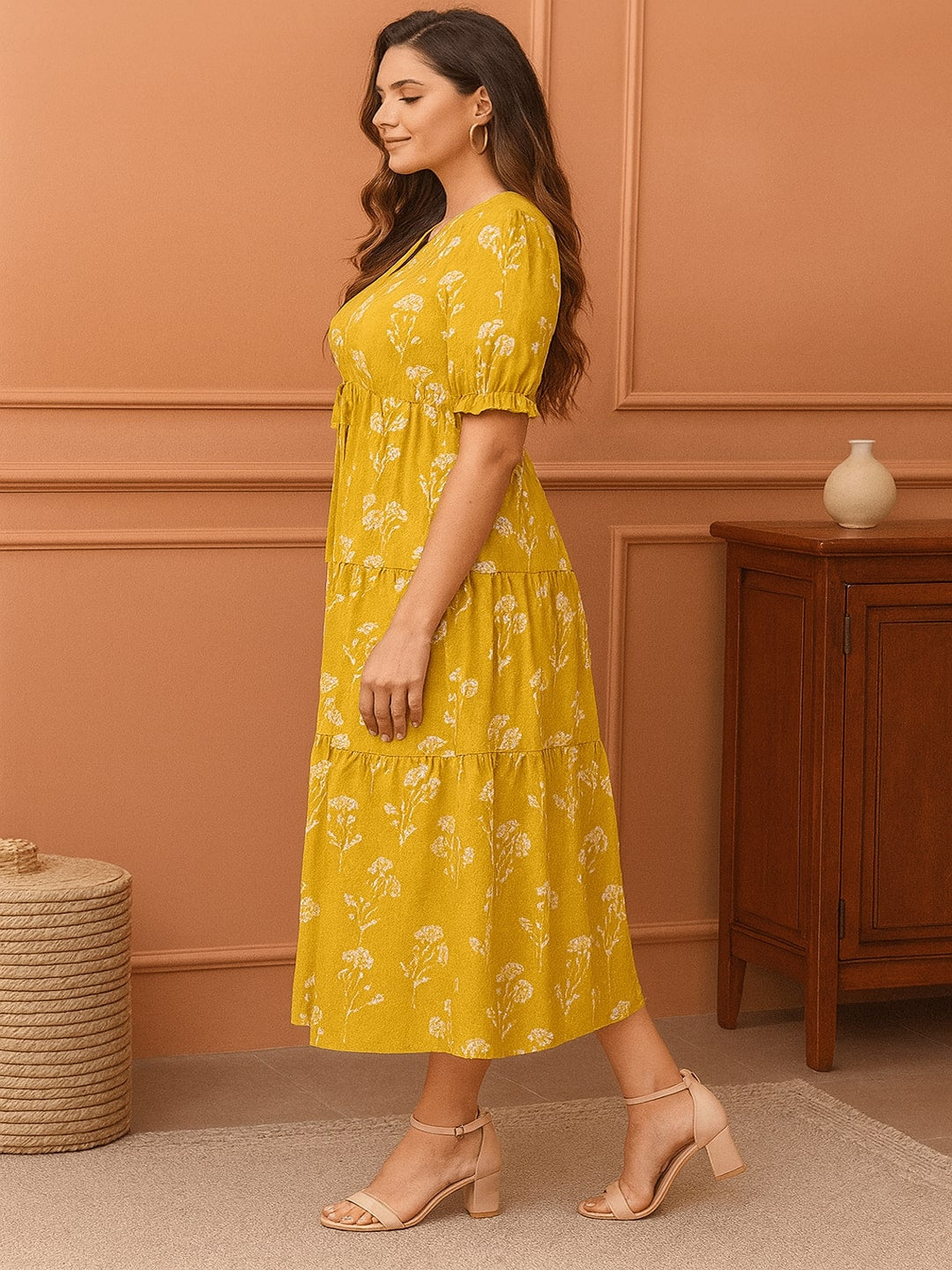 Women Floral Printed V-Neck Tiered Puff Sleeve Pure Cotton Fit & Flare Midi Dress