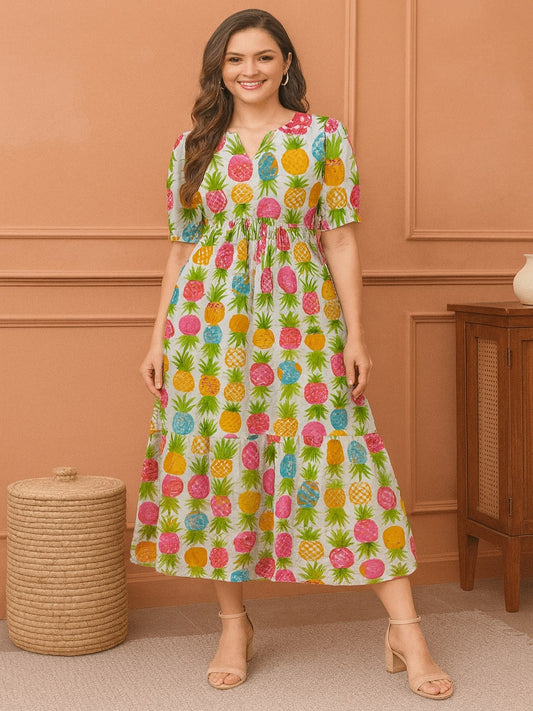 Conversational Printed Puff Sleeve Fit & Flare Midi Dress