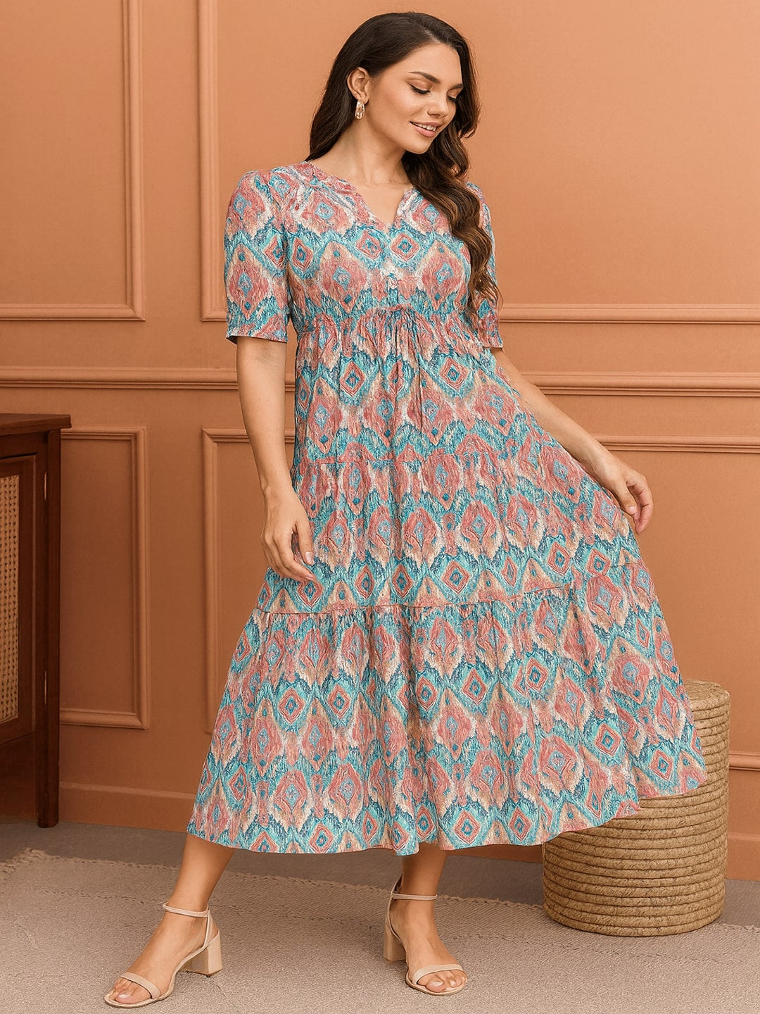 Printed Puff Sleeves Fit & Flare Midi Dress