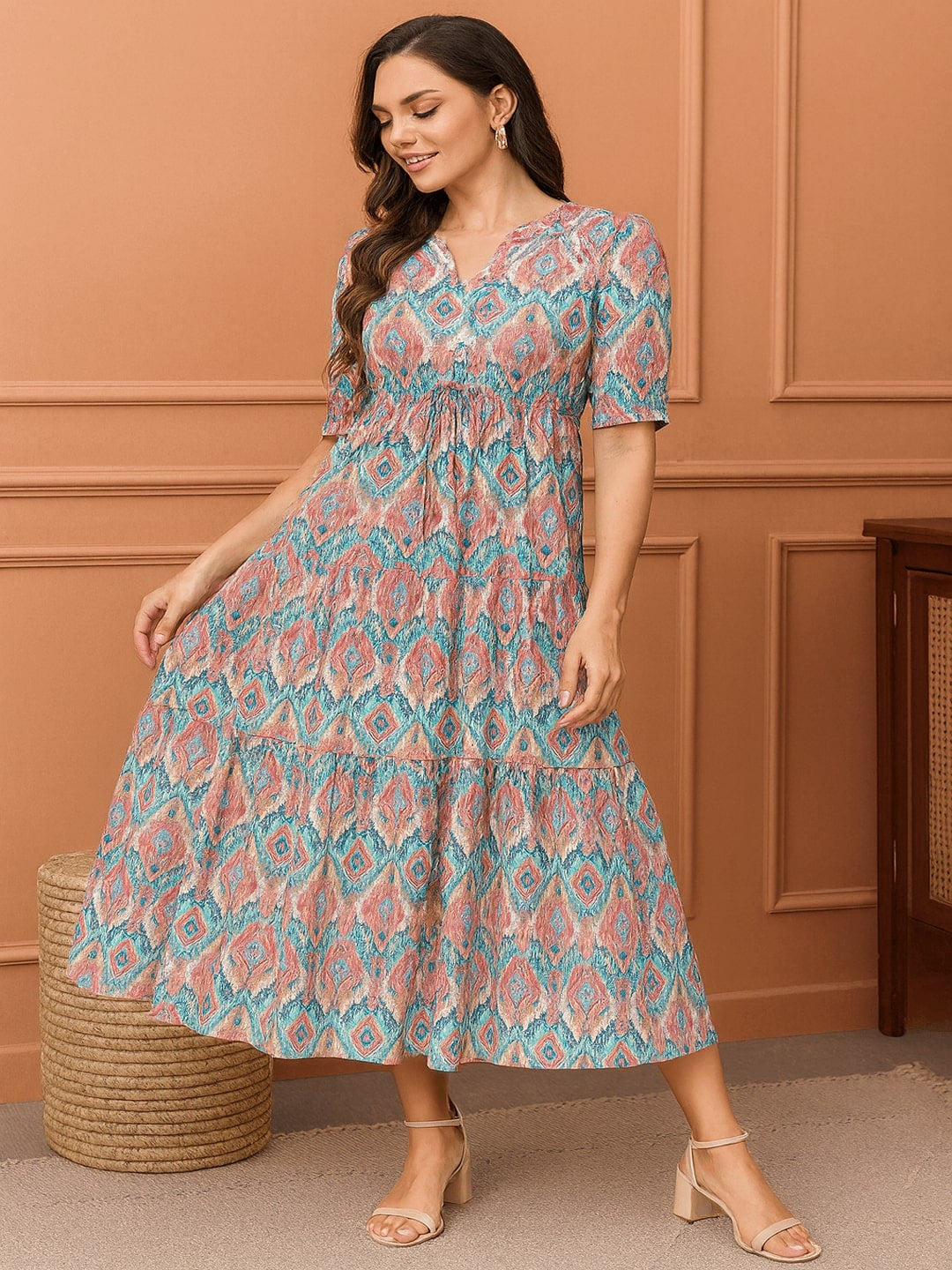 Printed Puff Sleeves Fit & Flare Midi Dress