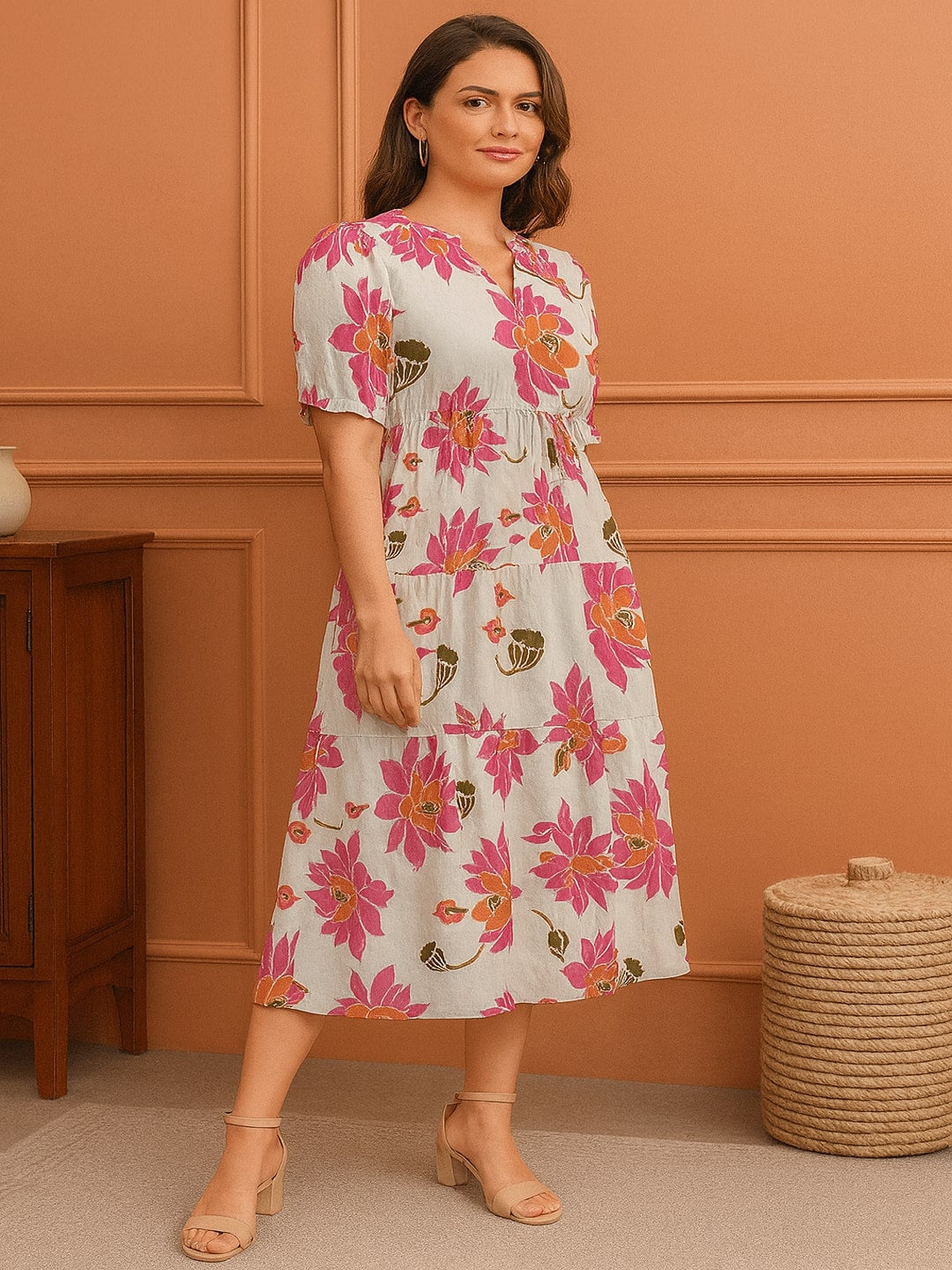 Floral Printed Puff Sleeves Fit & Flare Midi Dress