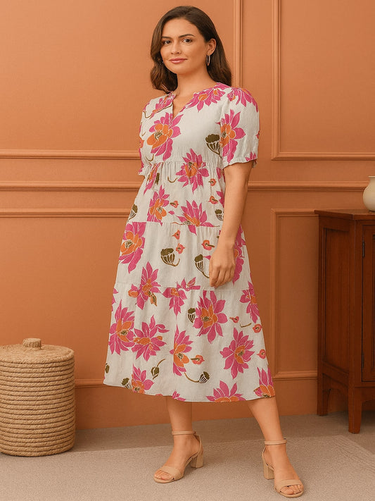 Floral Printed Puff Sleeves Fit & Flare Midi Dress