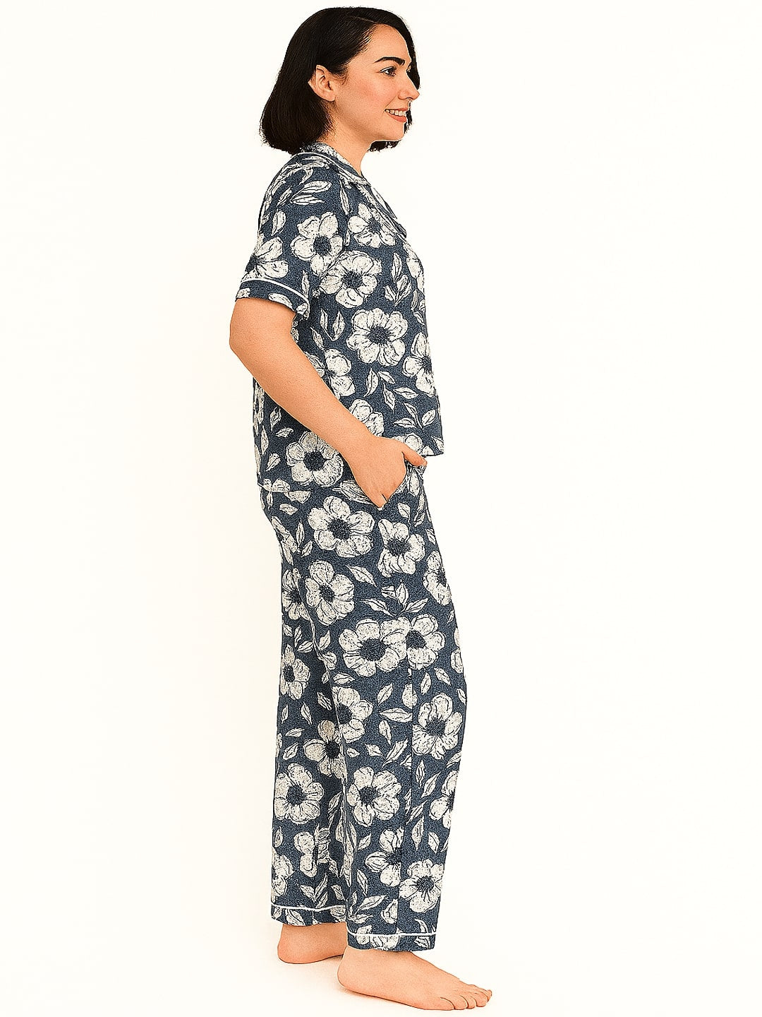 Women Pure Cotton Floral Printed Lapel Collar Night Suit