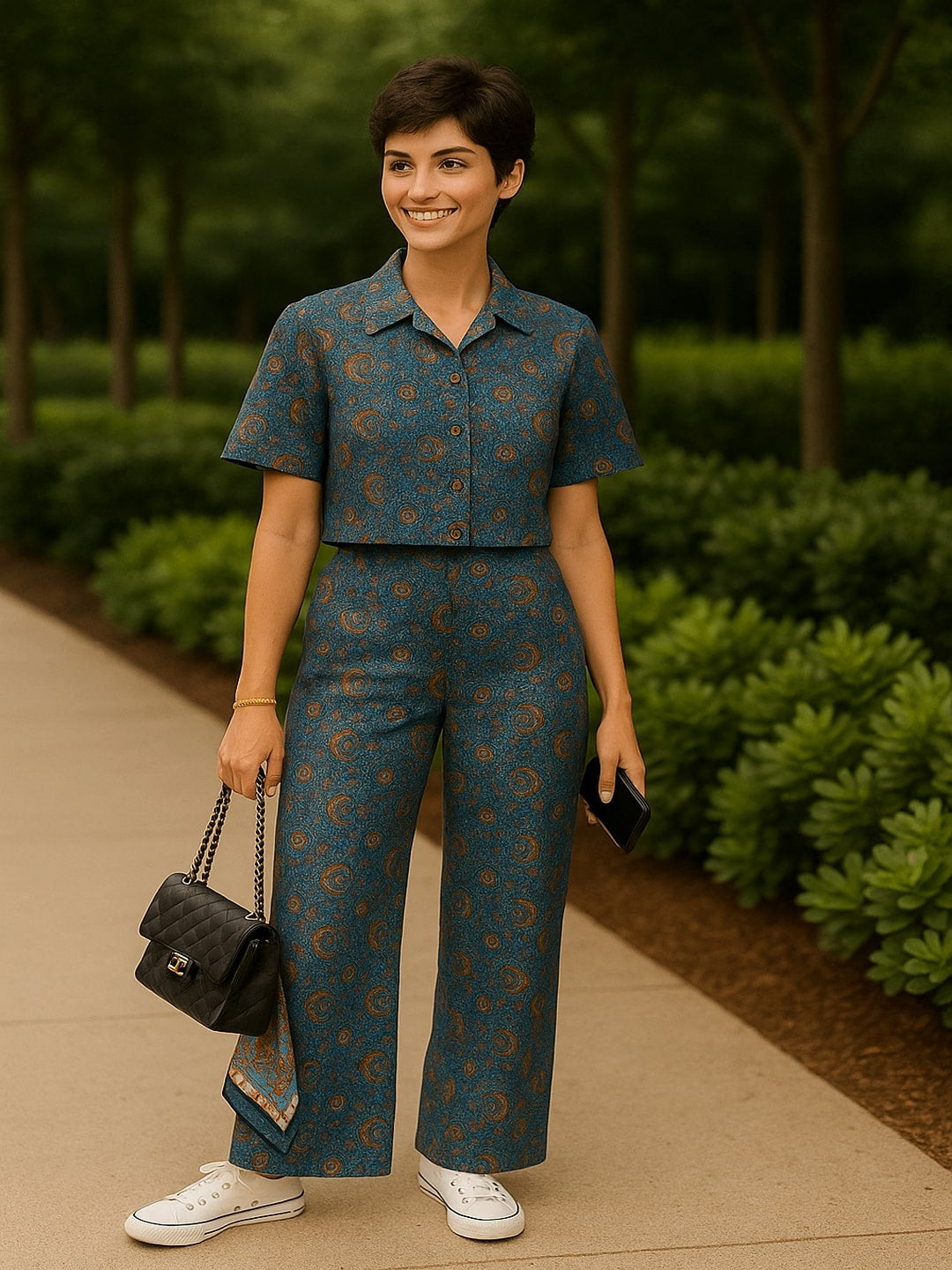 Geometric Printed Spread Collar Pure Cotton Shirt With Trousers