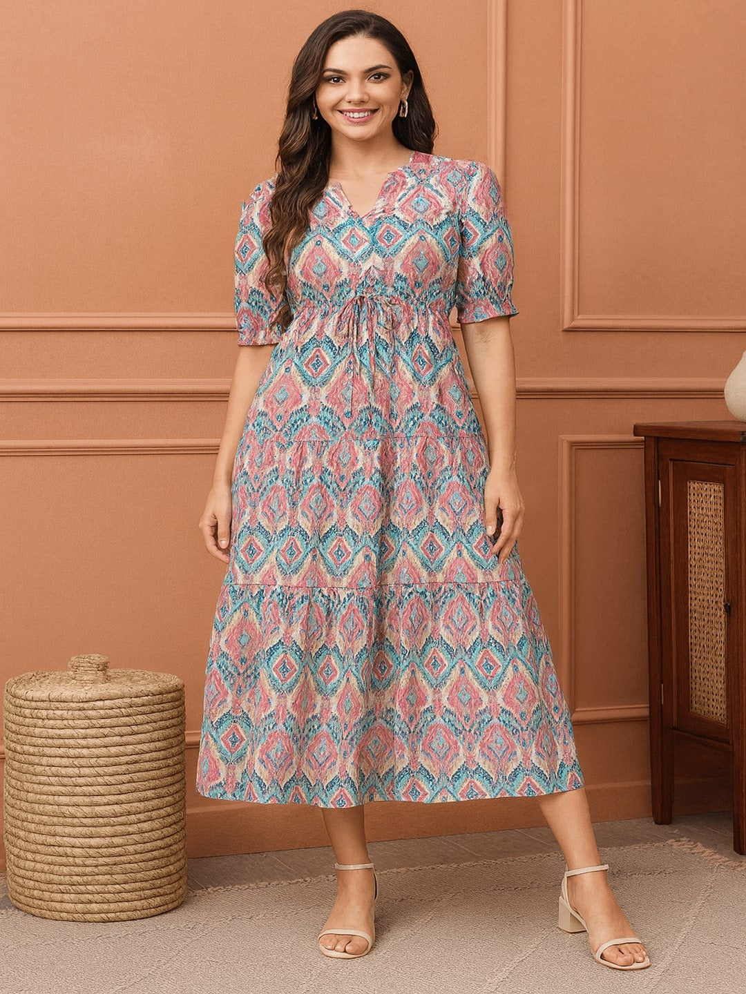 Printed Puff Sleeves Fit & Flare Midi Dress