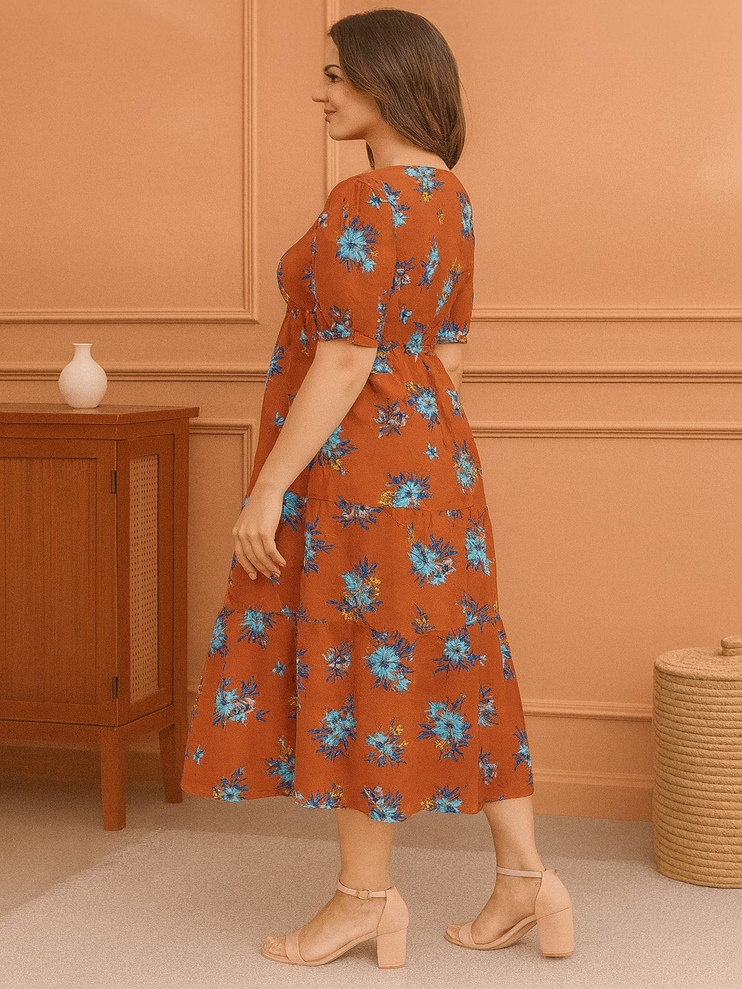 Women Floral Printed Puff Sleeve Fit & Flare Midi Dress