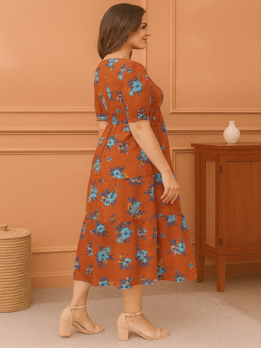 Women Floral Printed Puff Sleeve Fit & Flare Midi Dress
