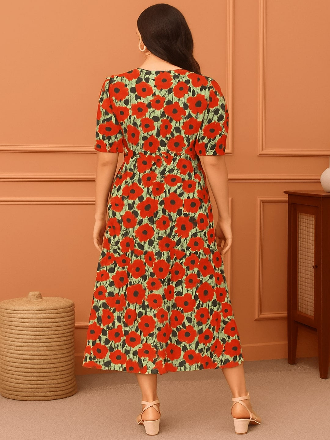 Women Floral Printed Pure Cotton Tiered Fit & Flare Midi Dress