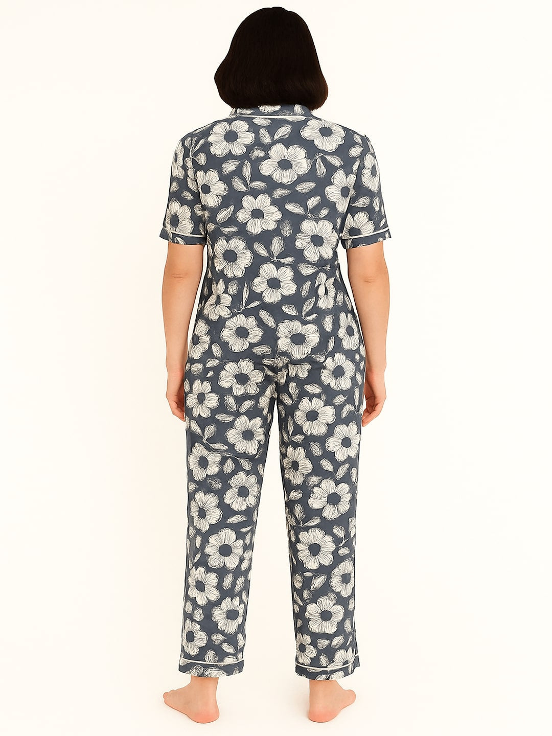 Women Pure Cotton Floral Printed Lapel Collar Night Suit