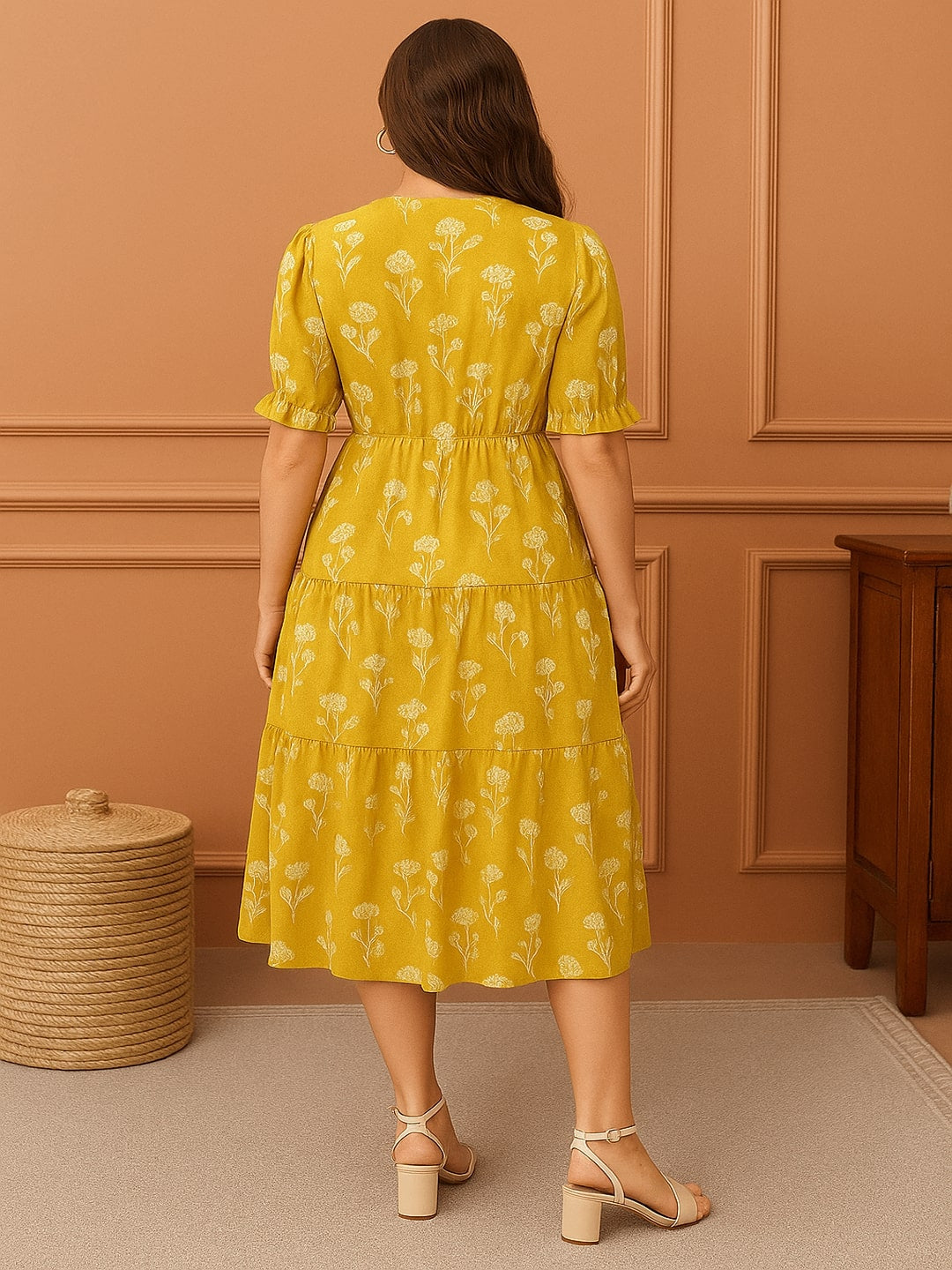 Women Floral Printed V-Neck Tiered Puff Sleeve Pure Cotton Fit & Flare Midi Dress
