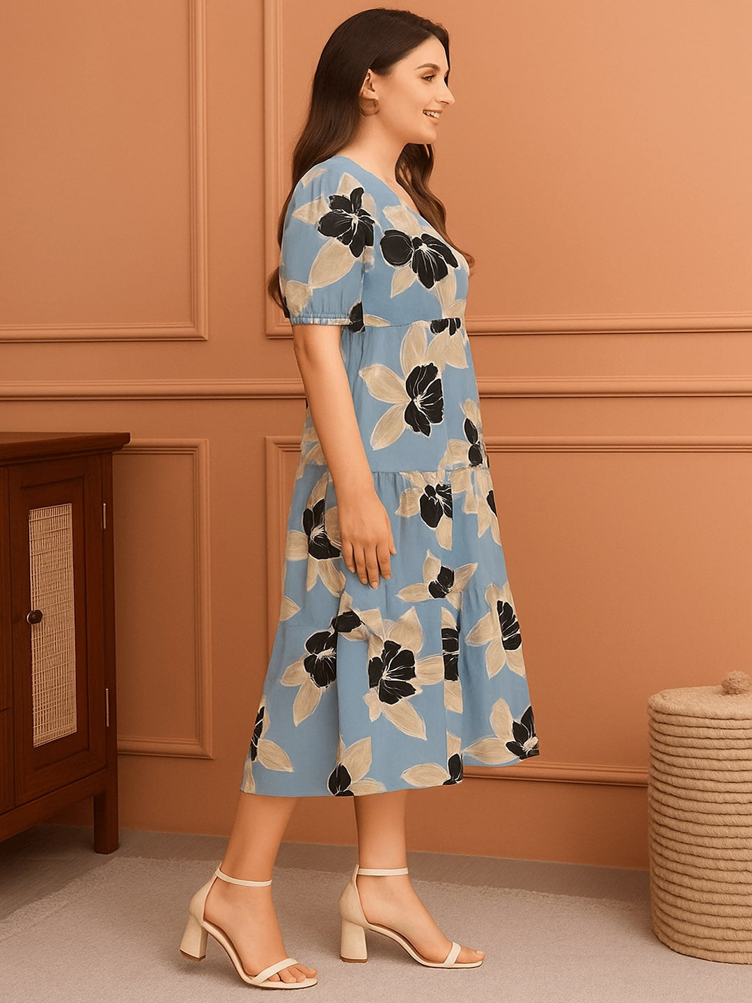 Floral Women Floral Printed Tiered A-Line Midi Dress