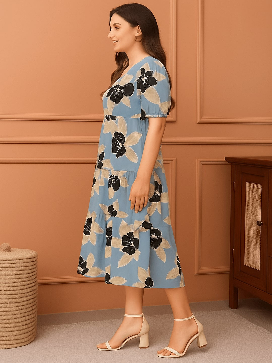 Floral Women Floral Printed Tiered A-Line Midi Dress