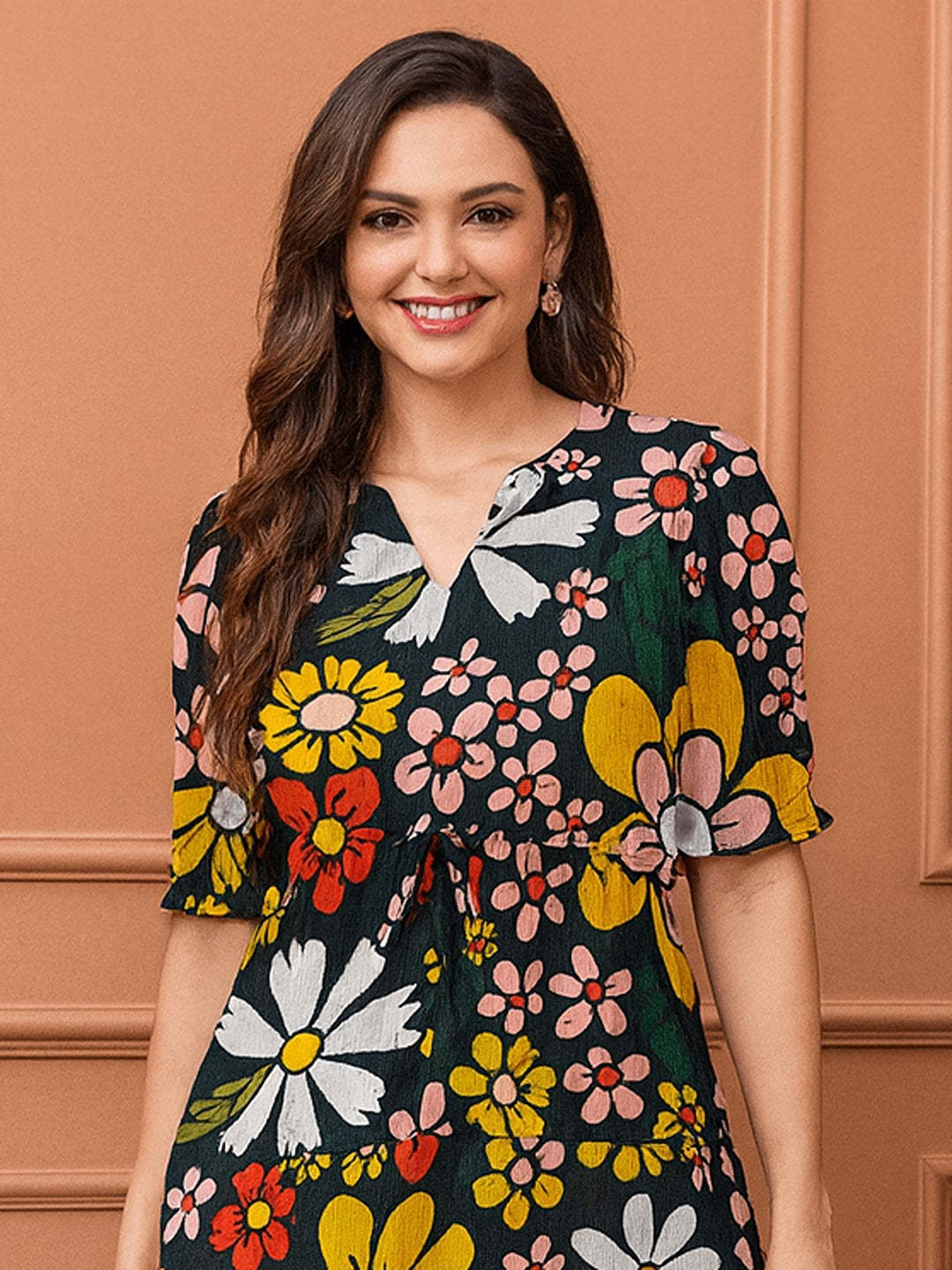 Floral Printed Puff Sleeve Cotton Fit & Flare Midi Dress