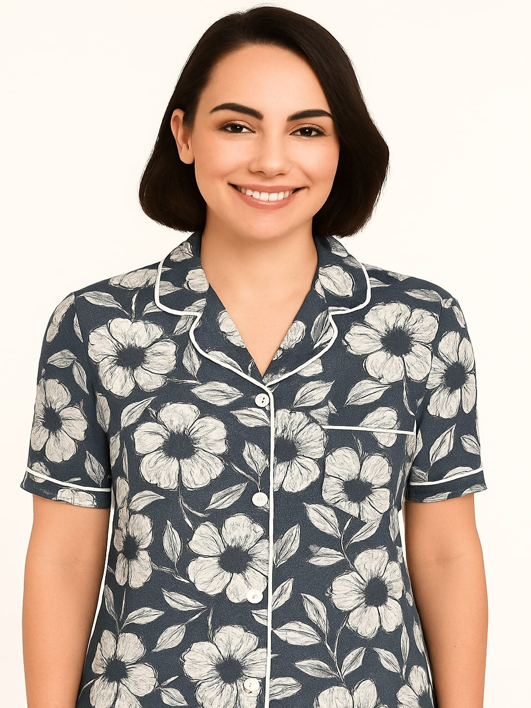 Women Pure Cotton Floral Printed Lapel Collar Night Suit