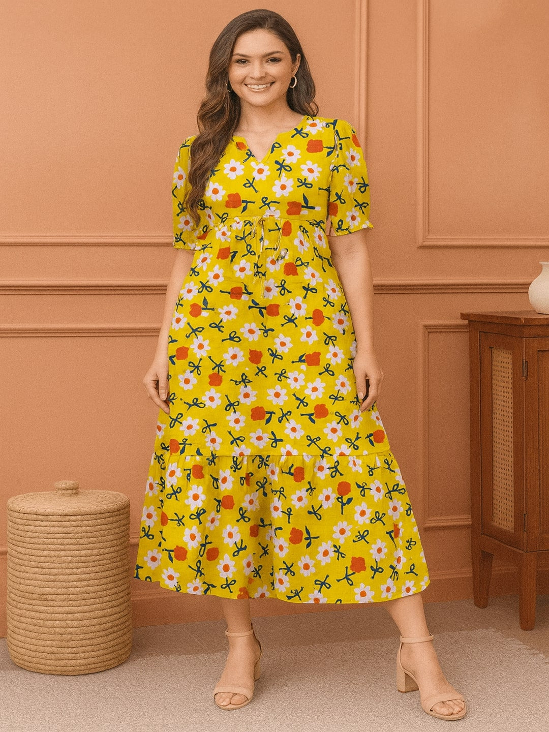 Floral Printed Puff Sleeves Fit & Flare Midi Dress