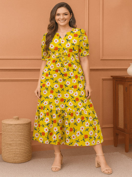 Floral Printed Puff Sleeves Fit & Flare Midi Dress