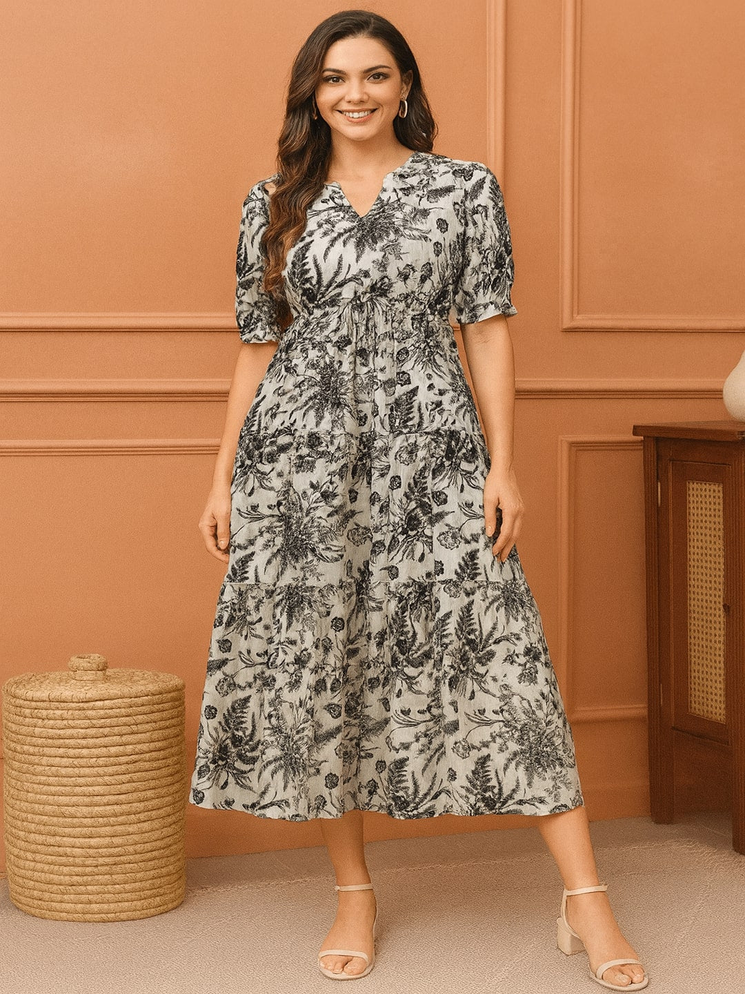 Women Floral Printed Pure Cotton A-Line Midi Dress