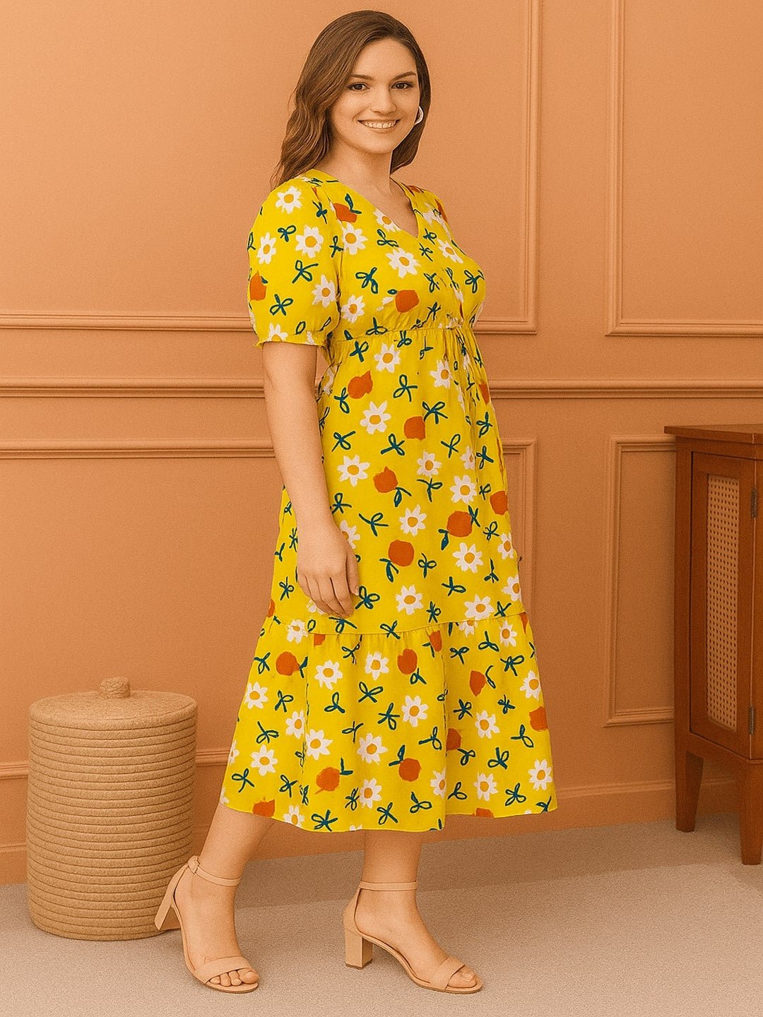 Floral Printed Puff Sleeves Fit & Flare Midi Dress