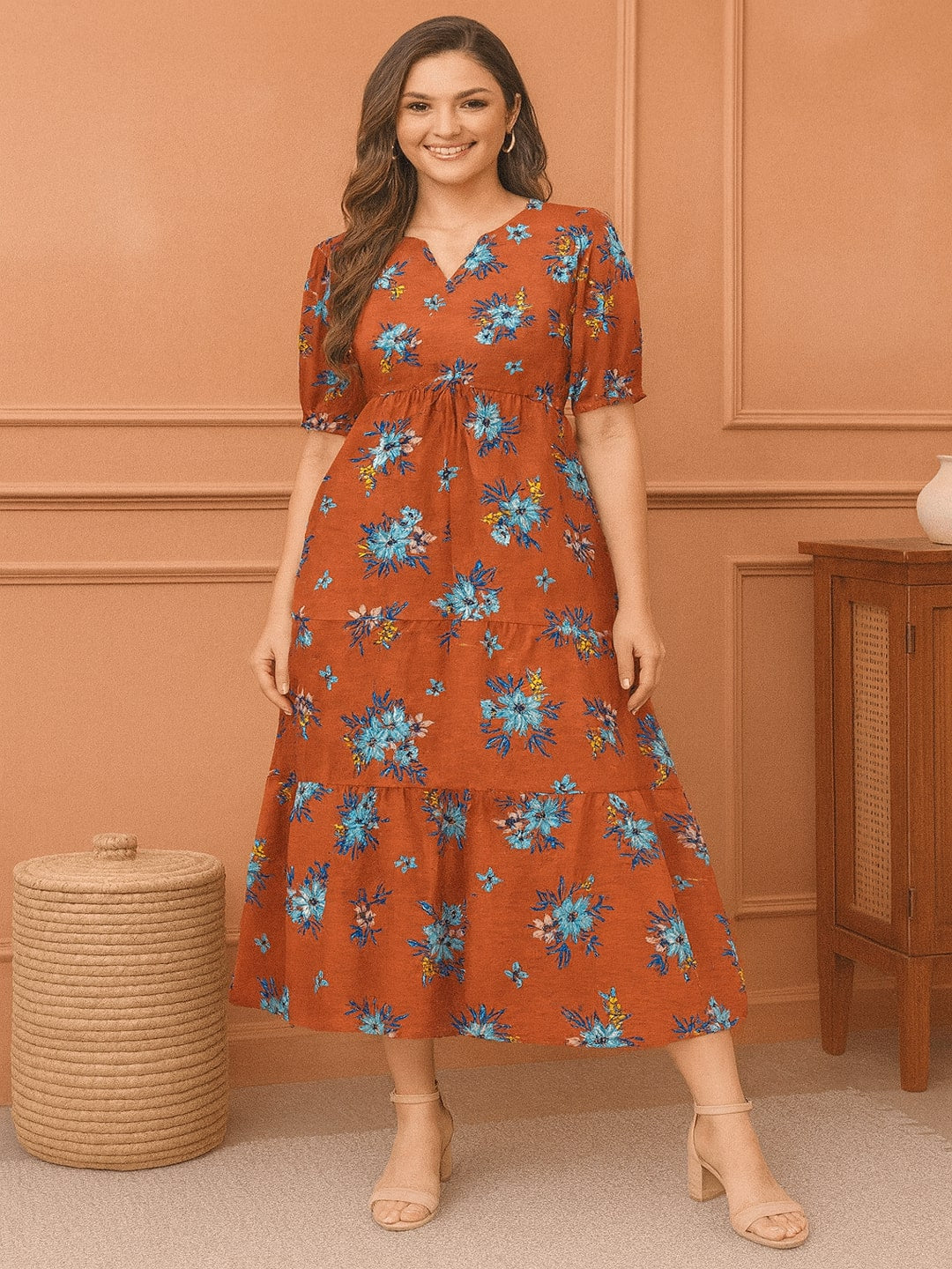Women Floral Printed Puff Sleeve Fit & Flare Midi Dress