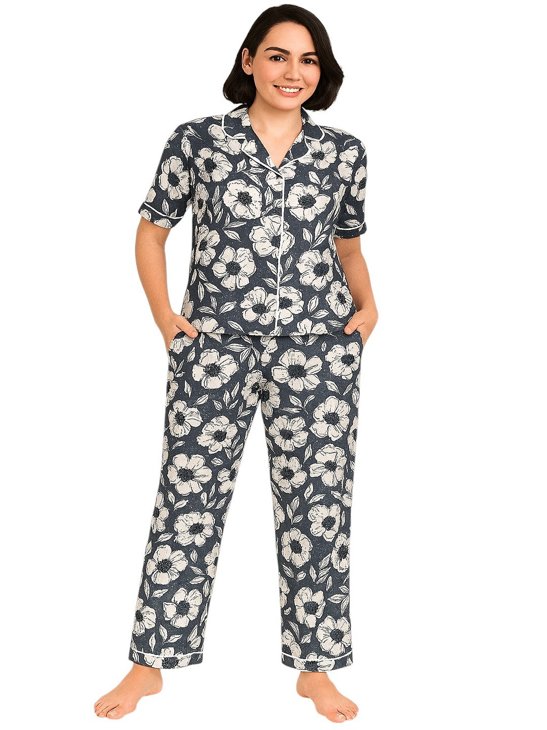 Women Pure Cotton Floral Printed Lapel Collar Night Suit