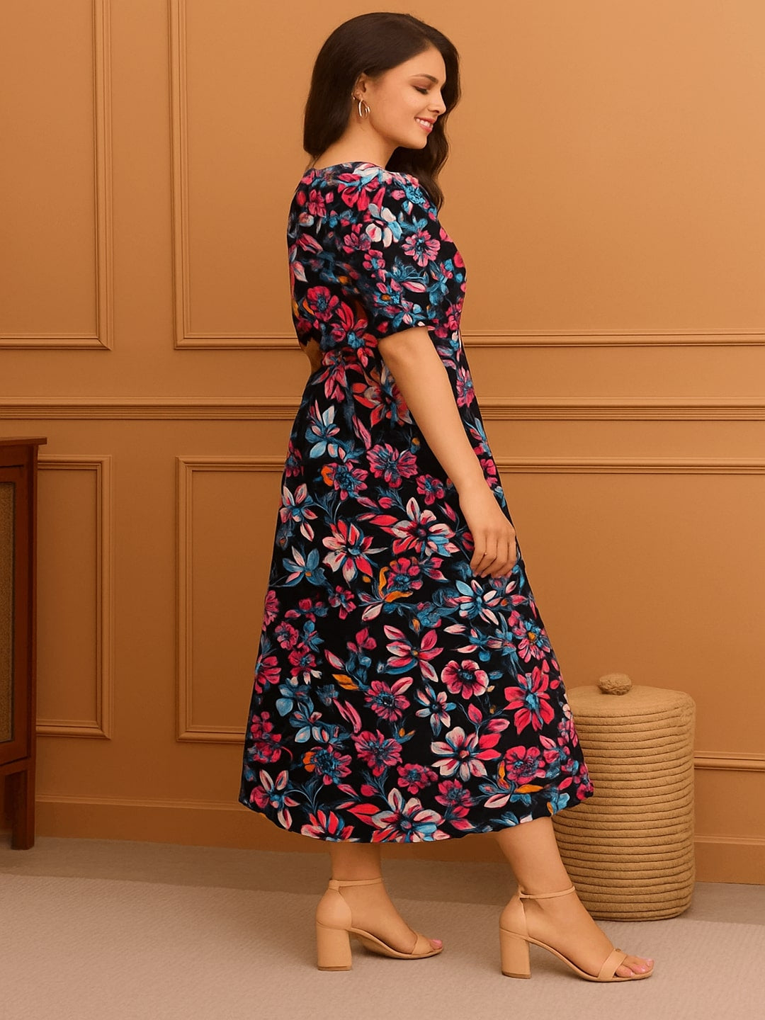 Women Floral Printed Pure Cotton Tiered Fit & Flare Midi Dress