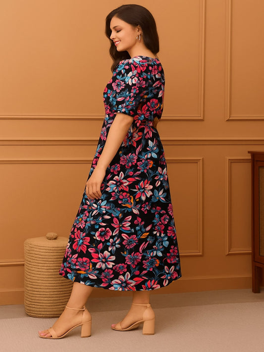 Women Floral Printed Pure Cotton Tiered Fit & Flare Midi Dress
