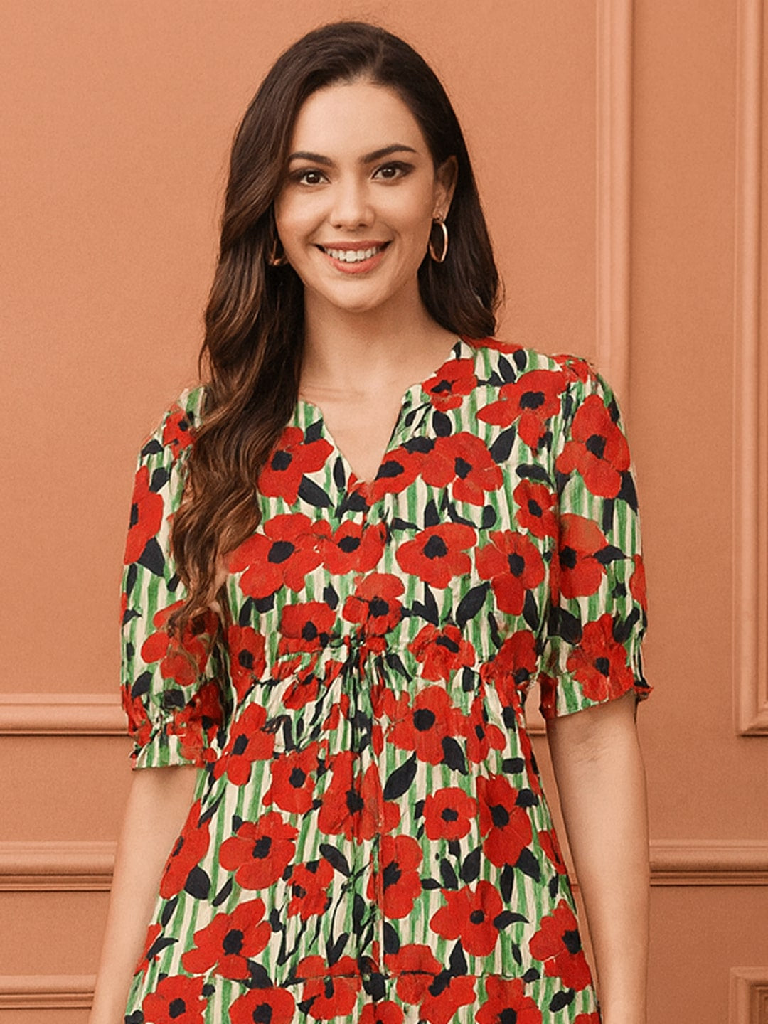 Women Floral Printed Pure Cotton Tiered Fit & Flare Midi Dress