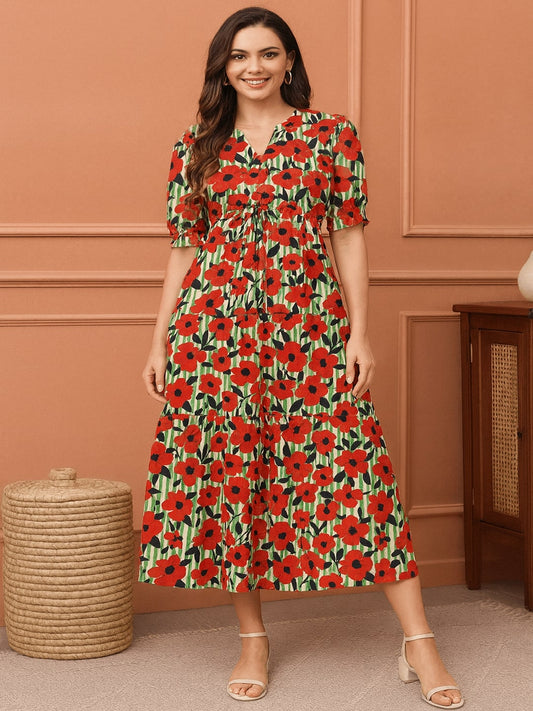 Women Floral Printed Pure Cotton Tiered Fit & Flare Midi Dress