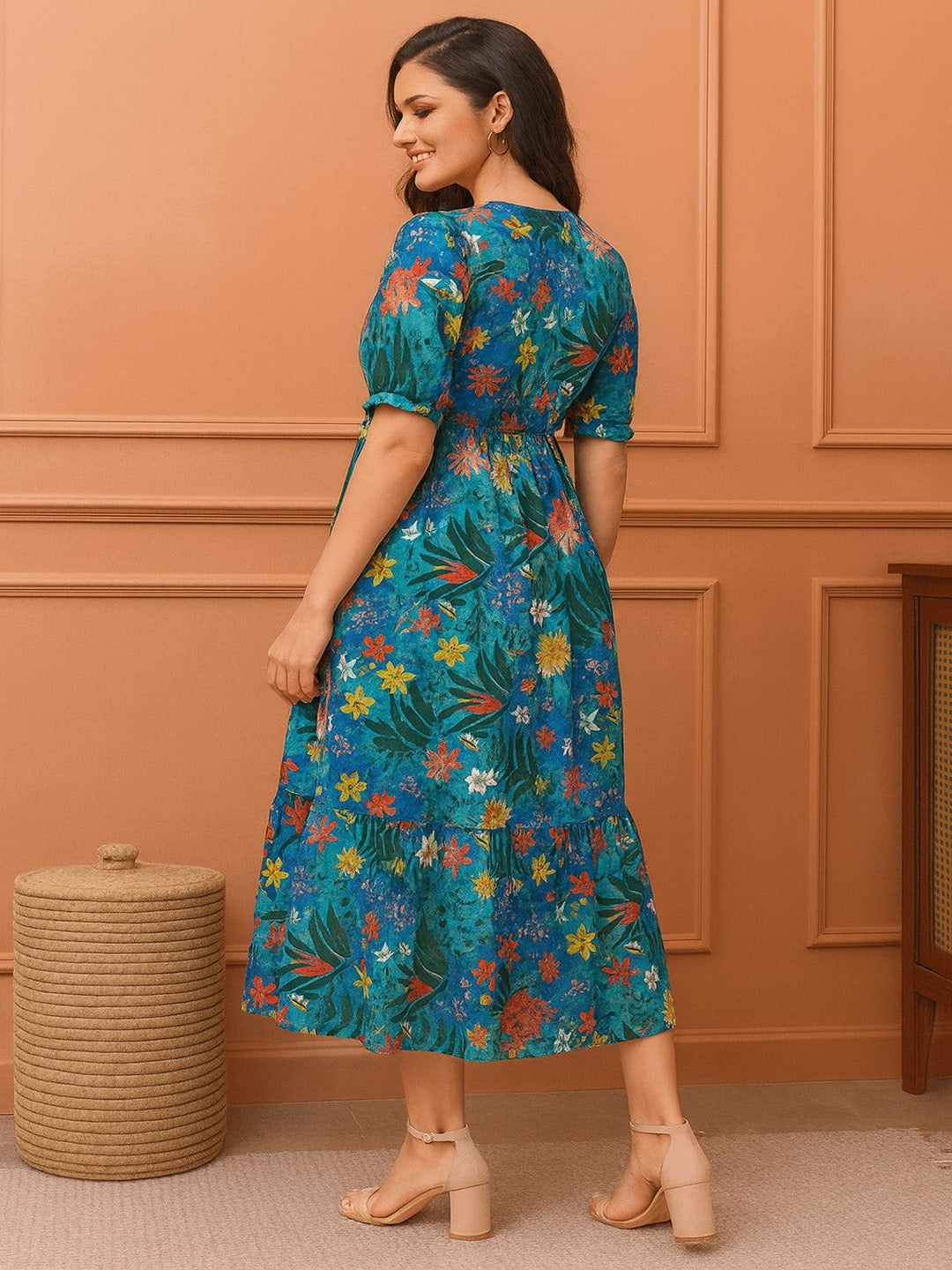 Women Floral Printed Puff Sleeve Cotton Fit & Flare Midi Dress
