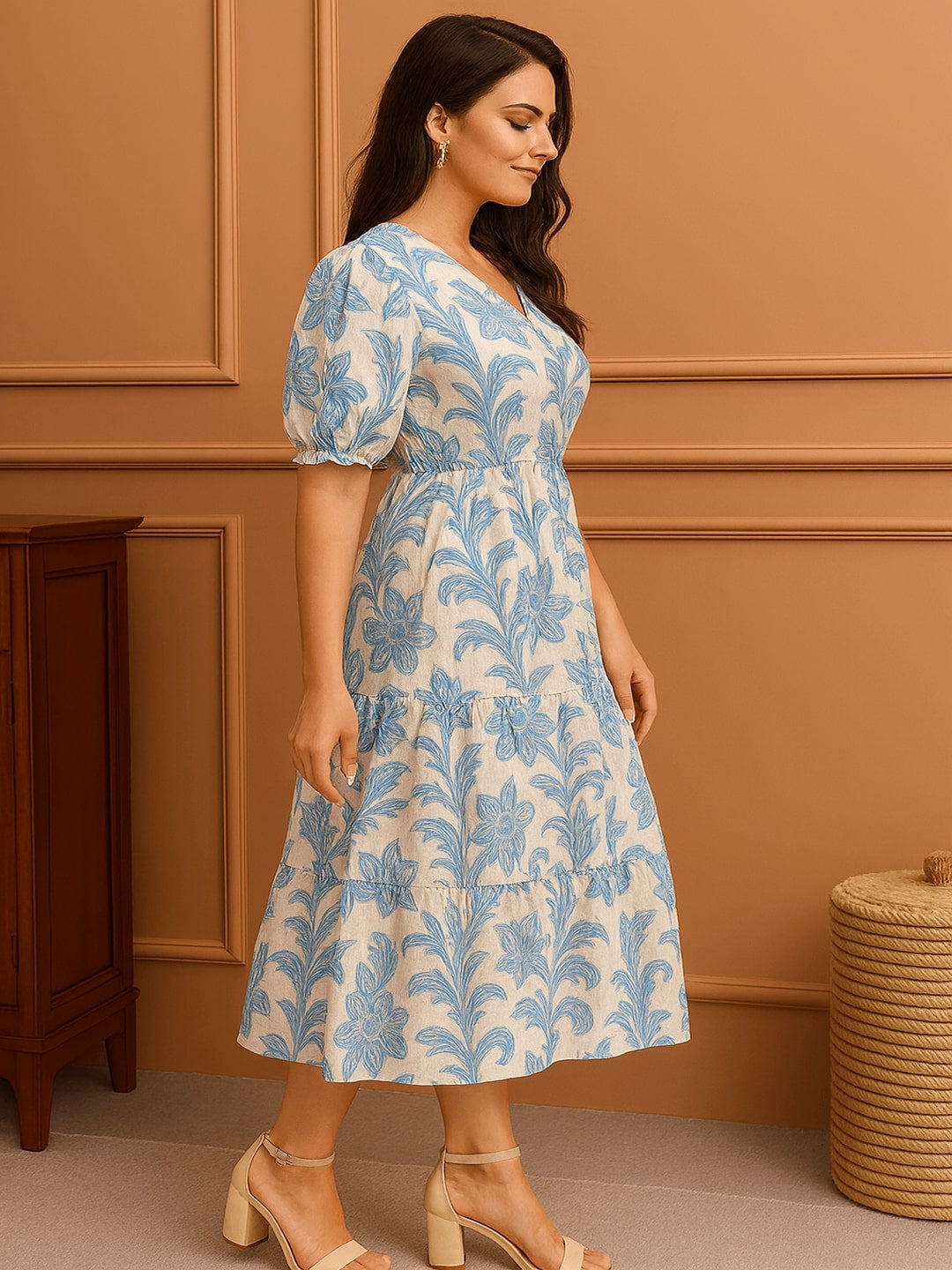 Floral Women Floral Printed Tiered A-Line Midi Dress
