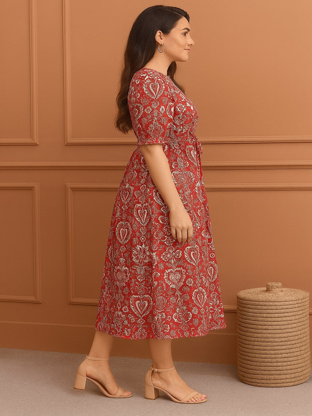 Women Floral Printed Puff Sleeve Cotton Fit & Flare Midi Dress