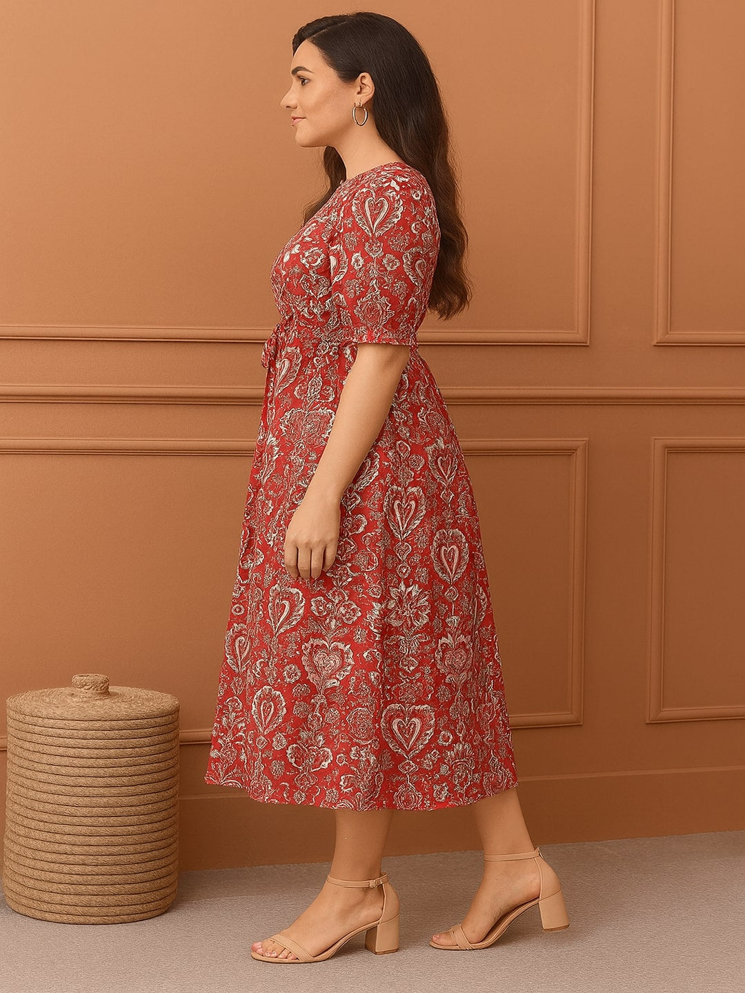 Women Floral Printed Puff Sleeve Cotton Fit & Flare Midi Dress