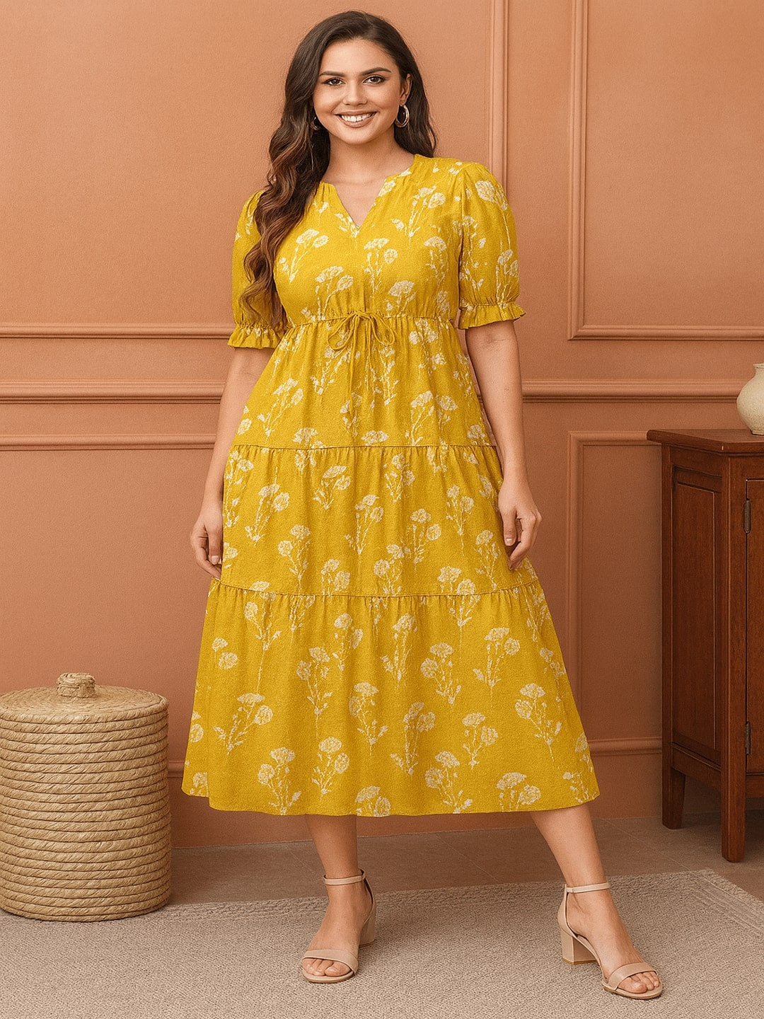 Women Floral Printed V-Neck Tiered Puff Sleeve Pure Cotton Fit & Flare Midi Dress